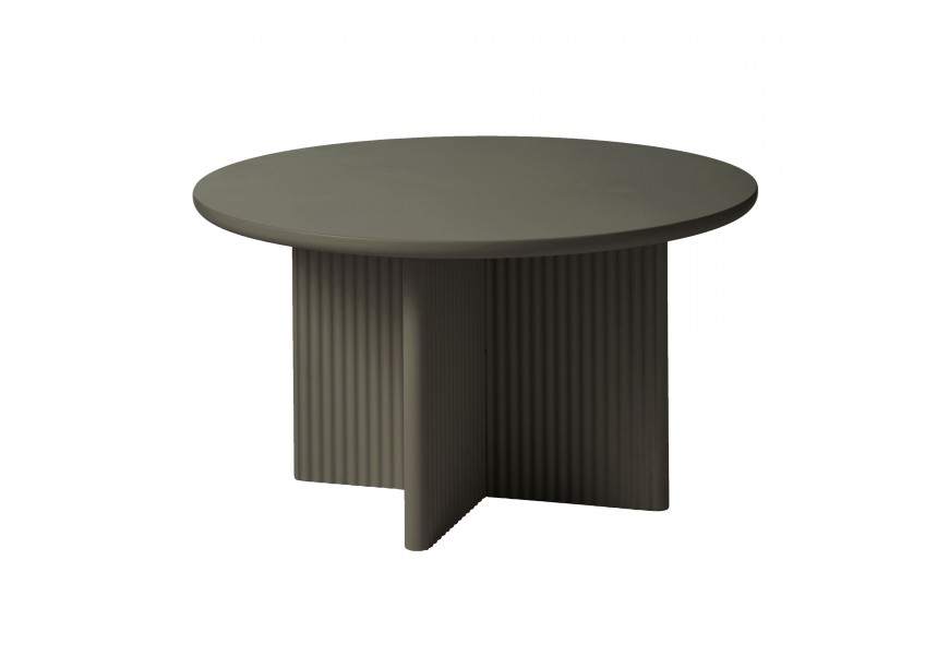 Art deco olivový zelený konferenční stolek Hvidea s kulatou vrchní deskou a podstavou se čtyřmi nohama ve tvaru X s vertikálním drážkovaným reliéfem