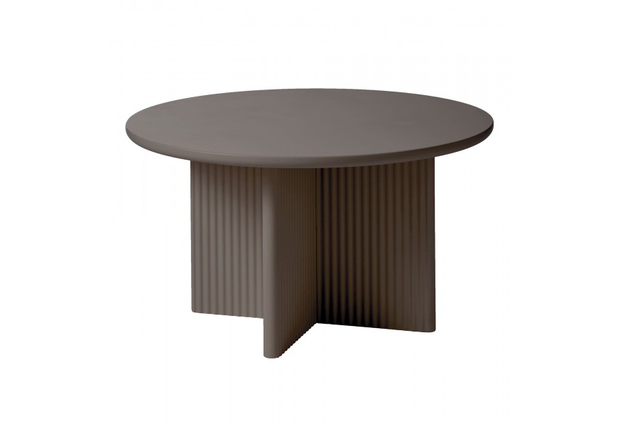 Art deco hnědo šedý konferenční stolek Hvidea v odstínu taupe s kulatou hladkou vrchní deskou s podstavou se čtyřmi nohama ve tvaru X s reliéfním žebrovaným dekorem