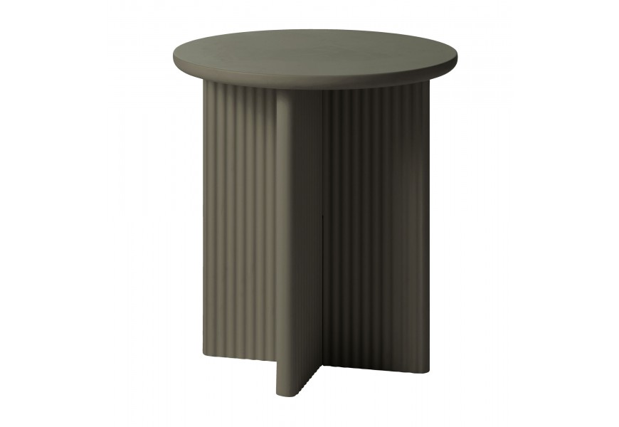 Art deco olivový zelený příruční stolek Hvidea s hladkou kulatou deskou a podstavou se čtyřmi nohama ve tvaru kříže s vertikálním drážkováním