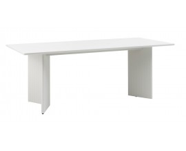 Art deco &scaron;edo b&eacute;žov&yacute; j&iacute;deln&iacute; stůl Hvidea s obd&eacute;ln&iacute;kovou vrchn&iacute; deskou se zaoblen&yacute;mi rohy se dvěma nohama s půdorysem ve tvaru V s vertik&aacute;ln&iacute;m dr&aacute;žkov&aacute;n&iacute;m