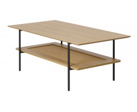 Retro konferenčn&iacute; stolek Malmo s obd&eacute;ln&iacute;kovou deskou v hněd&eacute;m dubov&eacute;m dekoru s ratanovou polic&iacute; a čern&yacute;ma nohama 110 cm