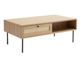 Retro industri&aacute;ln&iacute; skandin&aacute;vsk&yacute; konferenčn&iacute; stolek Malmo s obd&eacute;ln&iacute;kovou vrchn&iacute; deskou ve světl&eacute;m hněd&eacute;m dubov&eacute;m dekoru se dvěma policemi a dvěma z&aacute;suvkami s b&eacute;žov&yacute;m ratanov&yacute;m v&yacute;pletem s v&iacute;deňsk&yacute;m vzorem s čern&yacute;mi kovov&yacute;mi nohami