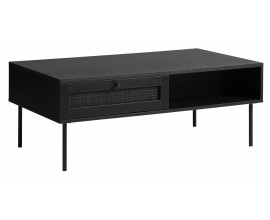 Industri&aacute;ln&iacute; retro obd&eacute;ln&iacute;kov&yacute; čern&yacute; konferenčn&iacute; stolek Malmo se dvěma policemi a dvěma z&aacute;suvkami s ratanov&yacute;m v&yacute;pletem 110 cm