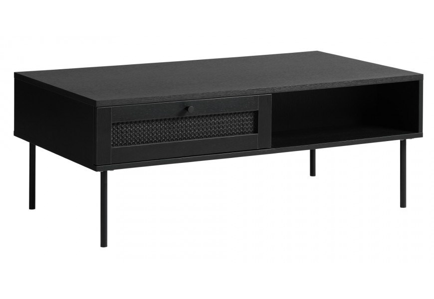 Moderní konferenční stolek Malmo v černém dubovém provedení s dekorativním vídeňským ratanovým výpletem s obdélníkovou deskou a čtyřmi štíhlými kovovými nohami s úložným prostorem se dvěma policemi a dvěma šuplíky