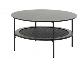 Industri&aacute;ln&iacute; modern&iacute; čern&yacute; konferenčn&iacute; stolek Malmo s kulatou vrchn&iacute; deskou a polic&iacute; s v&iacute;deňsk&yacute;m ratanov&yacute;m v&yacute;pletem 80 cm