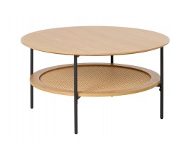 Skandin&aacute;vsk&yacute; kulat&yacute; konferenčn&iacute; stolek Malmo v hněd&eacute;m dubov&eacute;m dekoru s polic&iacute; s ratanov&yacute;m v&yacute;pletem a čern&yacute;ma nohama 80 cm