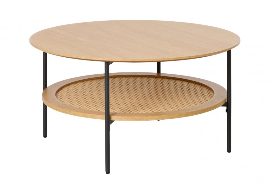 Retro moderní konferenční stolek Malmo s kulatou světlou hnědou deskou s dubovým dekorem a policí s béžovým ratanovým výpletem s vídeňským vzorem se čtyřmi štíhlýma kovovými nohami v černé barvě