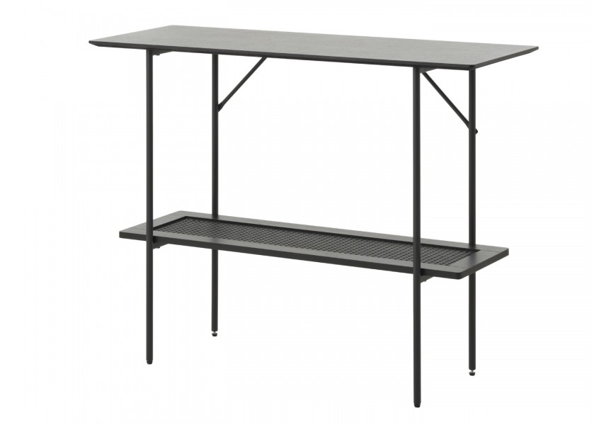 Retro industriální obdélníkový konzolový stolek Malmo s hladkou vrchní deskou a policí s výpletem s ratanu s vídeňským vzorem se štíhlýma dlouhýma nohama v černém provedení