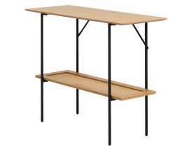 Modern&iacute; konzolov&yacute; stolek Malmo se světlou hnědou deskou s dubov&yacute;m dekorem a ratanovou polic&iacute; s čern&yacute;m kovov&yacute;m r&aacute;mem 100 cm