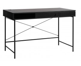 Industri&aacute;ln&iacute; čern&yacute; psac&iacute; stůl Malmo s obd&eacute;ln&iacute;kovou deskou a &uacute;ložn&yacute;m prostorem se z&aacute;suvkou a polic&iacute; s kovov&yacute;ma nohama 120 cm