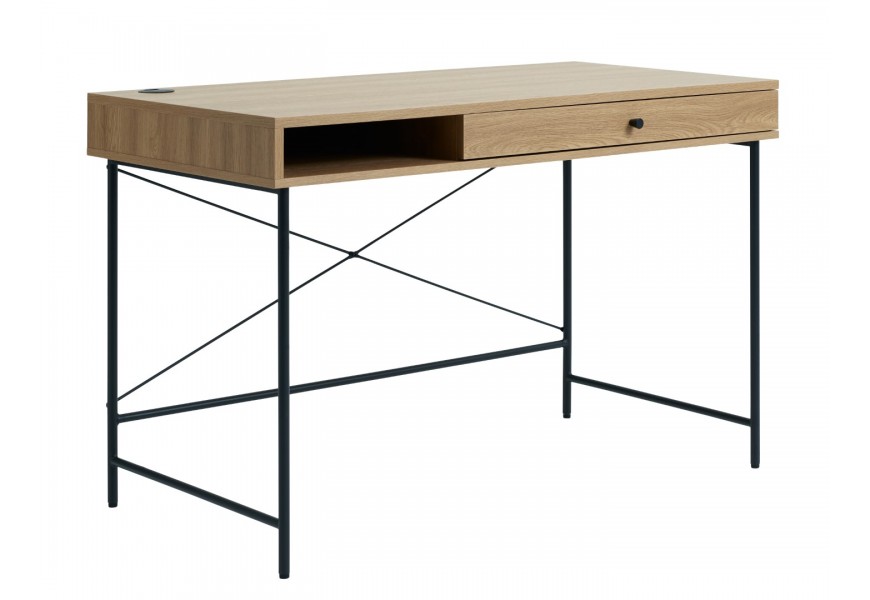 Moderní industriální obdélníkový psací stůl Malmo s úložným prostorem s jednou policí a jednou zásuvkou ve světlém hnědém dubovém provedení s podstavou z kovu se čtyřmi nohama v černé barvě