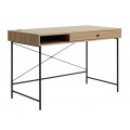 Moderní industriální obdélníkový psací stůl Malmo s úložným prostorem s jednou policí a jednou zásuvkou ve světlém hnědém dubovém provedení s podstavou z kovu se čtyřmi nohama v černé barvě