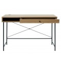 Skandin&aacute;vsk&yacute; psac&iacute; stůl Malmo ve světl&eacute;m hněd&eacute;m dubov&eacute;m dekoru s &uacute;ložn&yacute;m prostorem a čern&yacute;m kovov&yacute;m nohama 120 cm
