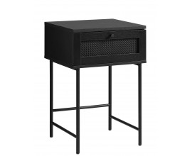 Industri&aacute;ln&iacute; retro čern&yacute; nočn&iacute; stolek Malmo se &scaron;upl&iacute;kem s ratanov&yacute;m v&iacute;deňsk&yacute;m v&yacute;pletem a vysok&yacute;mi kovov&yacute;mi nohama 45 cm