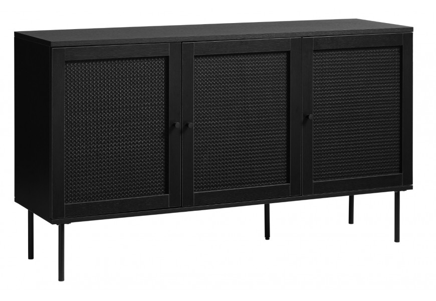 Moderní obdélníkový třídveřový příborník Malmo v černém dubovém dekoru s výpletem z ratanu s vídeňským vzorem s pěti nohama z kovu