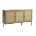 Moderní skandinávský příborník Malmo ve světlém hnědém dubovém provedení se třemi dvířky s ratanovým výpletem s vídeňským vzorem v béžové barvě s kovovými nohami a úchyty v černé barvě