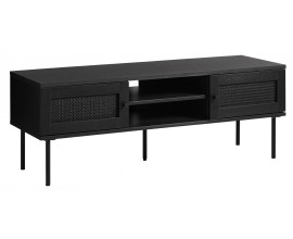 Retro industriální černý TV stolek Malmo se dvěma dvířky s ratanovým vídeňským výpletem a dvěma policemi 120 cm