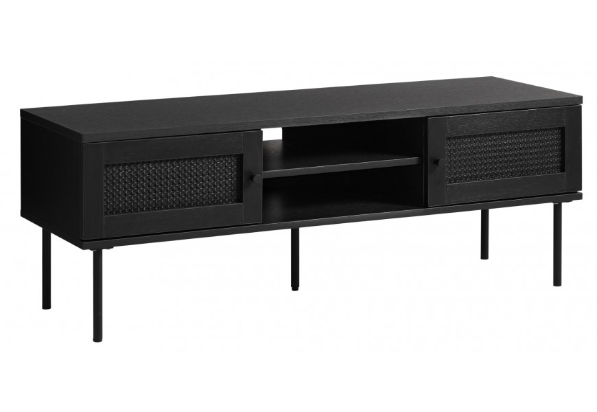 Moderní obdélníkový televizní stolek Malmo v černém dubovém provedení se dvěma jednodveřovými skříňkami s ratanovým výpletem s vídeňským vzorem se dvěma otevřenými policemi a pěti kovovými nohami