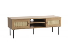 Modern&iacute; obd&eacute;ln&iacute;kov&yacute; televizn&iacute; stolek Malmo ve světl&eacute;m hněd&eacute;m dubov&eacute;m proveden&iacute; se dvěma dv&iacute;řky s ratanov&yacute;m v&yacute;pletem s v&iacute;deňsk&yacute;m vzorem v b&eacute;žov&eacute; barvě se dvěma policemi s pěti nohama z kovu v čern&eacute; barvě