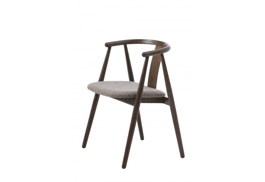 Luxusní moderní masivní jídelní židle Cordel s čalouněním a melírovaným potahem s odstínech hnědé a šedé z konstrukcí z dubového dřeva v tmavém hnědém lakování se šikmýma nohama a opěrkou ve tvaru U