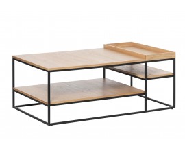 Industri&aacute;ln&iacute; konferenčn&iacute; stolek Soldo s obd&eacute;ln&iacute;kovou světlou hnědou dubovou deskou a policemi s čern&yacute;m r&aacute;mem z kovu 120 cm