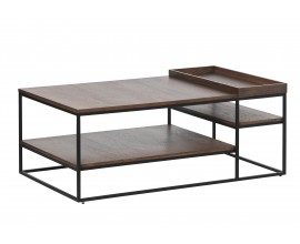 Industri&aacute;ln&iacute; obd&eacute;ln&iacute;kov&yacute; konferenčn&iacute; stolek Soldo s tmavou hnědou dubovou deskou a polic&iacute; s čern&yacute;m kovov&yacute;m r&aacute;mem 120 cm