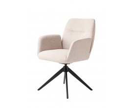 Designov&eacute; čalouněn&eacute; j&iacute;deln&iacute; křeslo Jens s potahem z mikrovl&aacute;kna ve slonovinov&eacute; b&eacute;žov&eacute; barvě s otočnou podstavou z kovu v čern&eacute; barvě se čtyřmi nohama