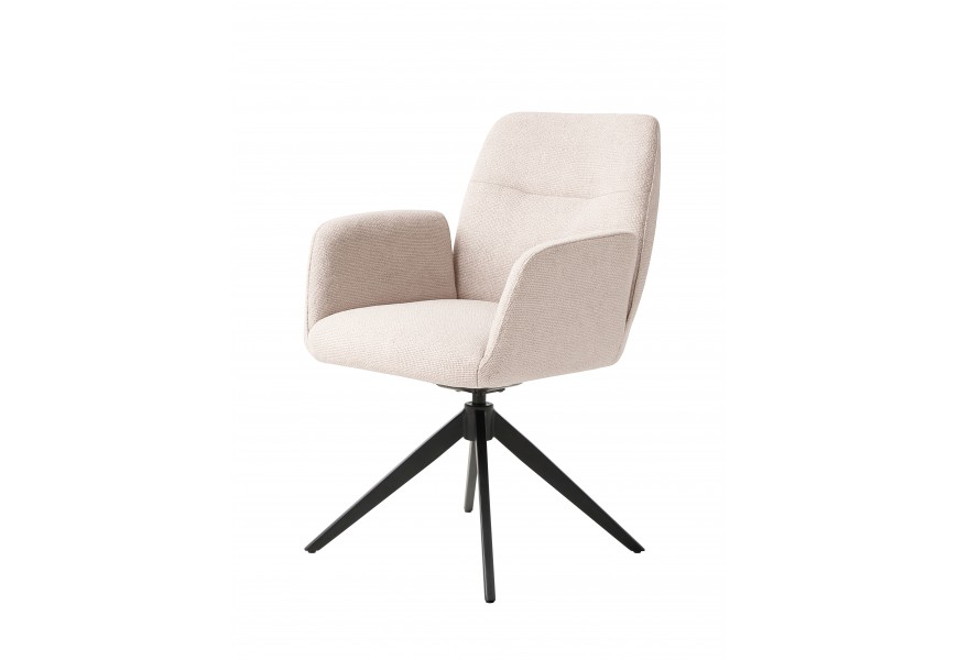 Designové čalouněné jídelní křeslo Jens s potahem z mikrovlákna ve slonovinové béžové barvě s otočnou podstavou z kovu v černé barvě se čtyřmi nohama