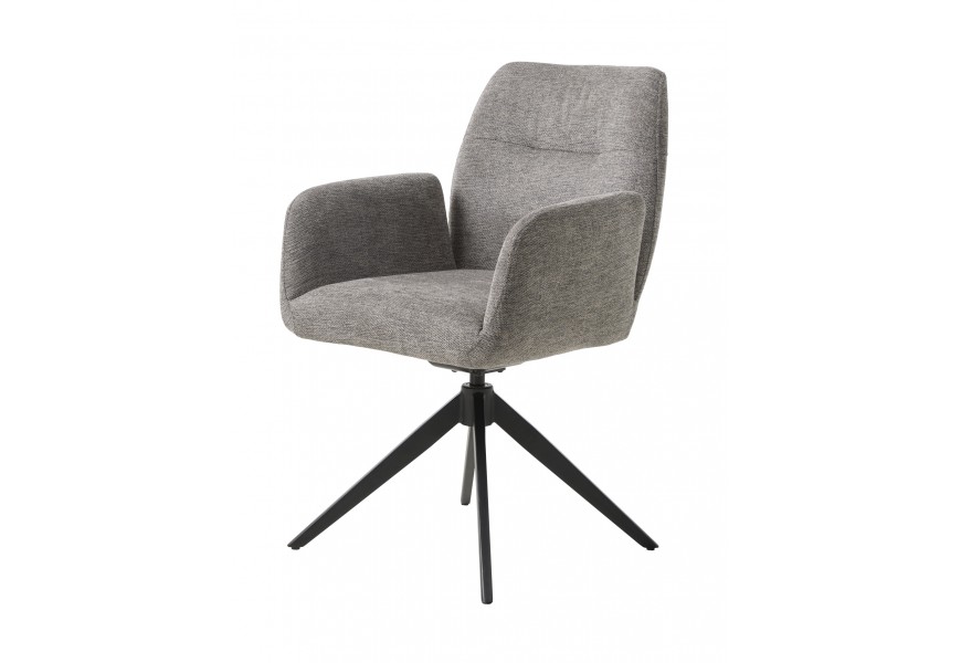 Moderní šedé jídelní křeslo Jens s melírovaným hladce tkaným potahem s opěrkami na ruce a pěnovým čalouněním s podstavou z kovu s otočným mechanismem sedáku a čtyřmi šikmýma nohama v černé barvě