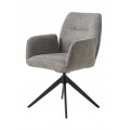 Moderní šedé jídelní křeslo Jens s melírovaným hladce tkaným potahem s opěrkami na ruce a pěnovým čalouněním s podstavou z kovu s otočným mechanismem sedáku a čtyřmi šikmýma nohama v černé barvě