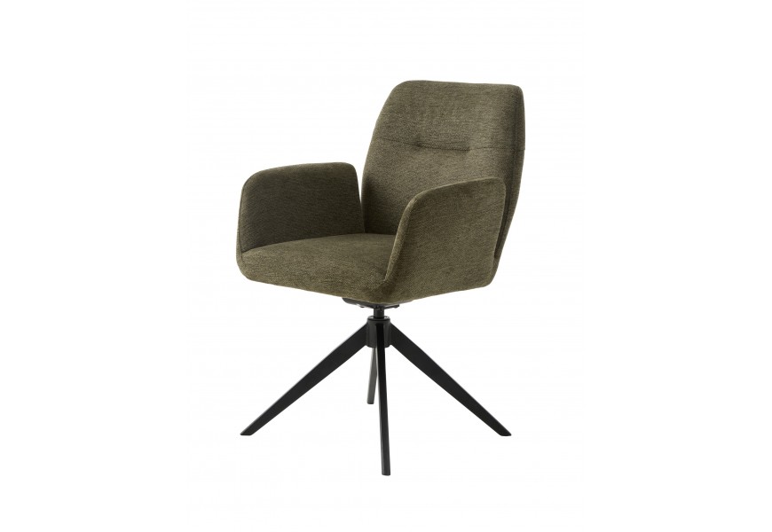 Moderní designová otočná jídelní židle Jens s čalouněním a potahem s hladkým tkaním a melírovaným efektem v olivové zelené barvě s opěrkami na ruce a podstavou z kovu v černé barvě se čtyřmi nohama