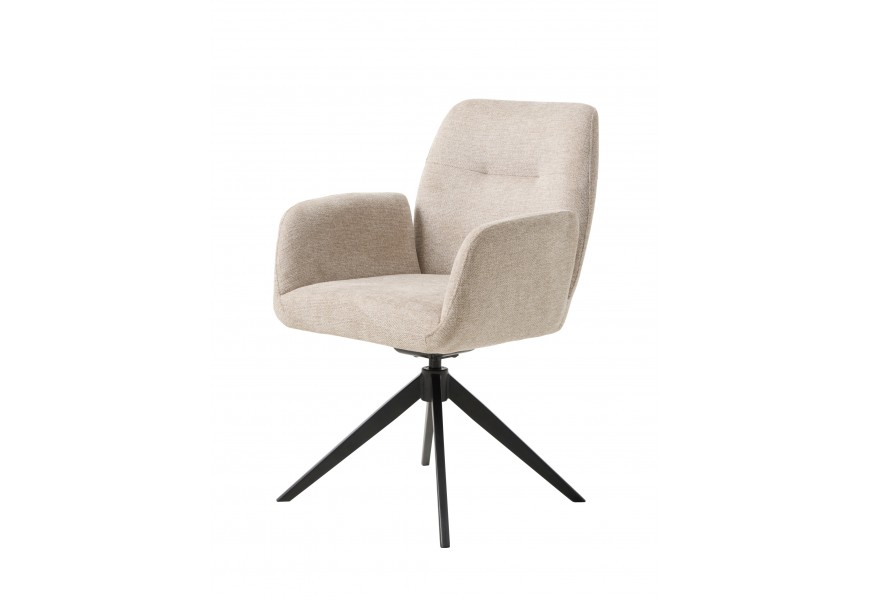 Moderní designová otočná jídelní židle Jens s opěrkami na ruce s béžovým čalouněním v pískovém odstínu a černou kovovou podstavou se čtyřmi nohama