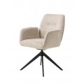 Moderní designová otočná jídelní židle Jens s opěrkami na ruce s béžovým čalouněním v pískovém odstínu a černou kovovou podstavou se čtyřmi nohama