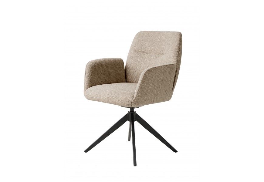 Designové moderní otočné jídelní křeslo Jens s opěrkami na ruce a potahem z mikrovlákna s žinylkovou povrchovou úpravou v odstínu taupu v hnědošedé barvě s podstavou z kovu se čtyřmi nohama v černé barvě