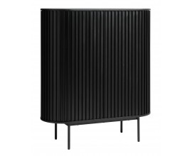 Modern&iacute; čern&aacute; ov&aacute;ln&aacute; barov&aacute; skř&iacute;ňka Odense s posuvn&yacute;mi dv&iacute;řky bez &uacute;chytek s 3D lamelov&yacute;m dekorem a kovov&yacute;mi nohami 125 cm