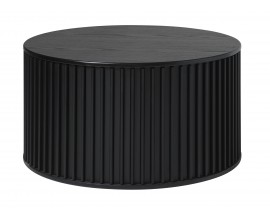 Retro designov&yacute; kulat&yacute; konferenčn&iacute; stolek Odense v čern&eacute;m dubov&eacute;m proveden&iacute; s hladkou vrchn&iacute; deskou s &uacute;ložn&yacute;m prostorem a s vertik&aacute;ln&iacute;mi lamelami