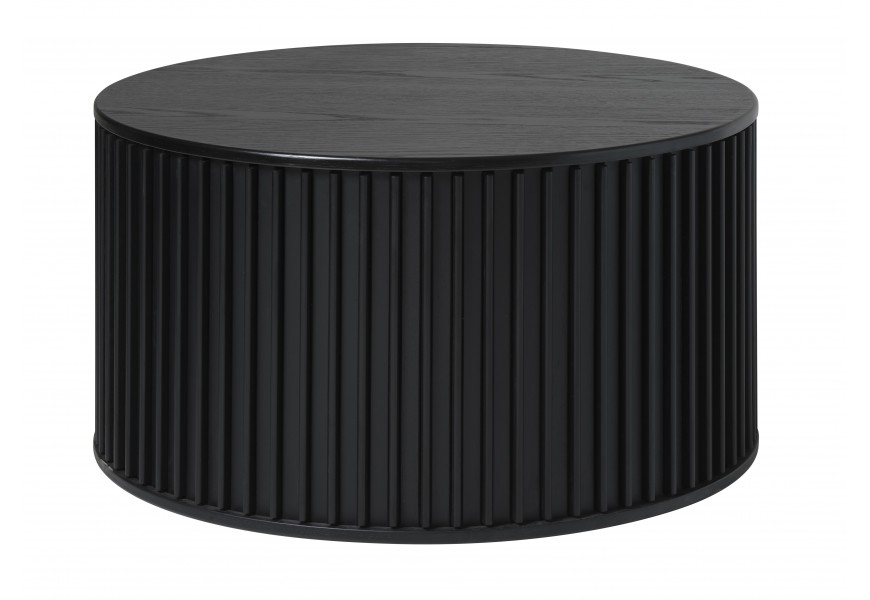 Retro designový kulatý konferenční stolek Odense v černém dubovém provedení s hladkou vrchní deskou s úložným prostorem a s vertikálními lamelami