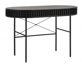 Luxusn&iacute; modern&iacute; ov&aacute;ln&yacute; psac&iacute; stůl Odense s lamelov&yacute;m čern&yacute;m dubov&yacute;m dekorem s posuvn&yacute;m otev&iacute;r&aacute;n&iacute;m s kovov&yacute;mi nohama 120 cm 