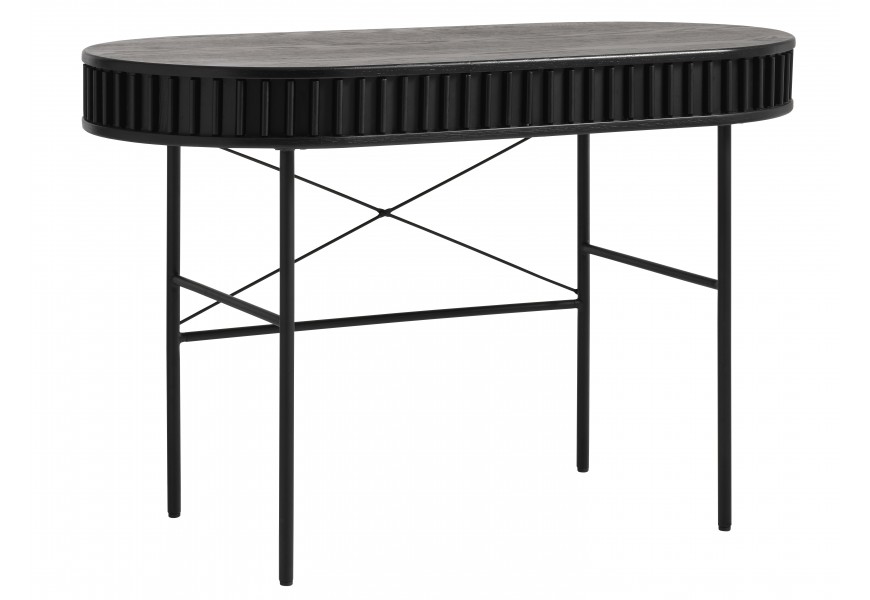 Industriální černý psací stůl Odense z masivního dubového dřeva s 3D reliéfem s oválnou tmavou horní deskou s dubovým dekorem dýhy a kovovými štíhlýma nohama s výztuhou do tvaru X