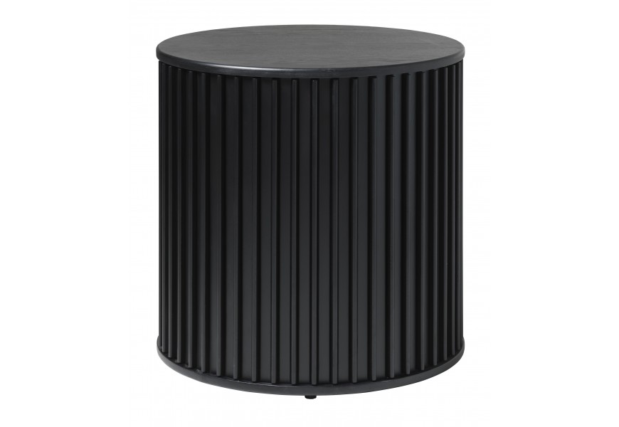 Designový art deco černý dubový odkládací stolek Odense s kulatou deskou s dýhou as tmavým lamelovým vzorem po obvodu s posuvným otevíráním a úložným prostorem