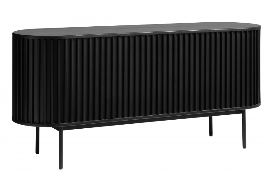 Luxusní art deco černý příborník Odense oválného tvaru z dubového dřeva s dvojitými posuvnými dvířky s vertikálním lamelovým zdobením se štíhlýma nohama z kovu