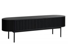 Luxusní moderní TV stolek Odense oválného tvaru v černé barvě s úložným prostorem s posuvnými dvířky s lamelami 160 cm