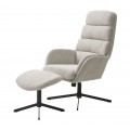 Moderní křeslo Hermes s vysokou zádovou opěrkou a podnožkou s potahem z buklé v off white odstínu s melírováním v hnědých a šedých tónech s nohama z kovu v černé barvě