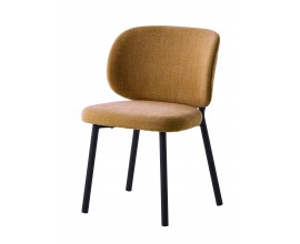 Modern&iacute; designov&aacute; j&iacute;deln&iacute; židle Foxy s čalouněn&iacute;m a potahem s mel&iacute;rovan&yacute;m efektem s jemn&yacute;m sametov&yacute;m leskem v hořčicov&eacute; žlut&eacute; faře s mohutnou ov&aacute;lnou opěrkou s kovov&yacute;mi nohami v čern&eacute;m matn&eacute;m proveden&iacute;