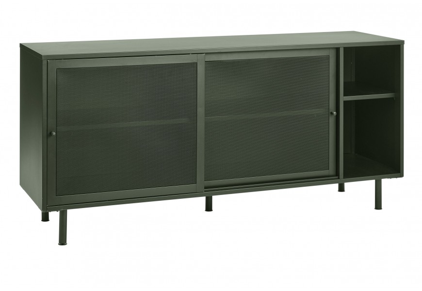Industriální moderní kovový zelený příborník Vejle se dvěma dvířky s perforovaným poloprůhledným vzorem a dvěma otevřenými policemi na pěti nožičkách