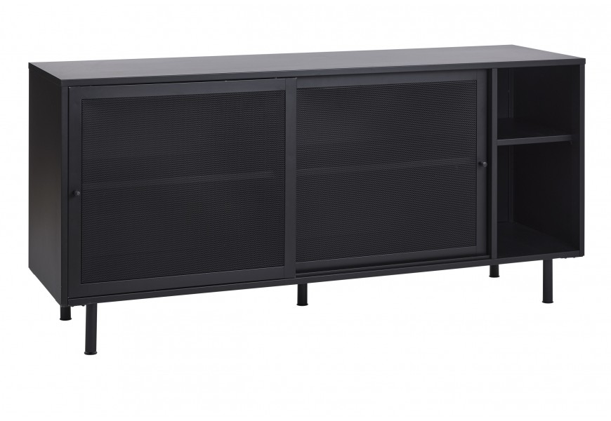 Moderní obdélníkový příborník Vejle z kovu v matném černém provedení s dvojitými posuvnými dvířky s perforovaným vzorem s poloprůhledným efektem se čtyřmi uzavřenými a dvěma otevřenými policemi s pěti nohama