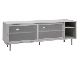 Industri&aacute;ln&iacute; televizn&iacute; stolek Vejle z kovu ve světl&eacute;m b&eacute;žovo-&scaron;ed&eacute;m proveden&iacute; v odst&iacute;nu greige s &uacute;ložn&yacute;m prostorem se dvěma otevřen&yacute;mi policemi a dvojit&yacute;mi posuvn&yacute;mi dv&iacute;řky s perforovan&yacute;m designem