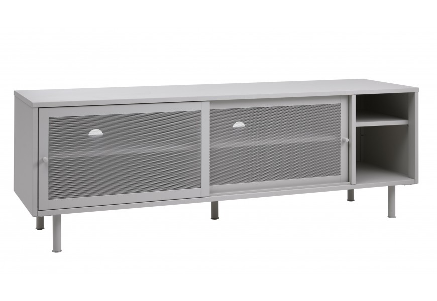 Industriální televizní stolek Vejle z kovu ve světlém béžovo-šedém provedení v odstínu greige s úložným prostorem se dvěma otevřenými policemi a dvojitými posuvnými dvířky s perforovaným designem