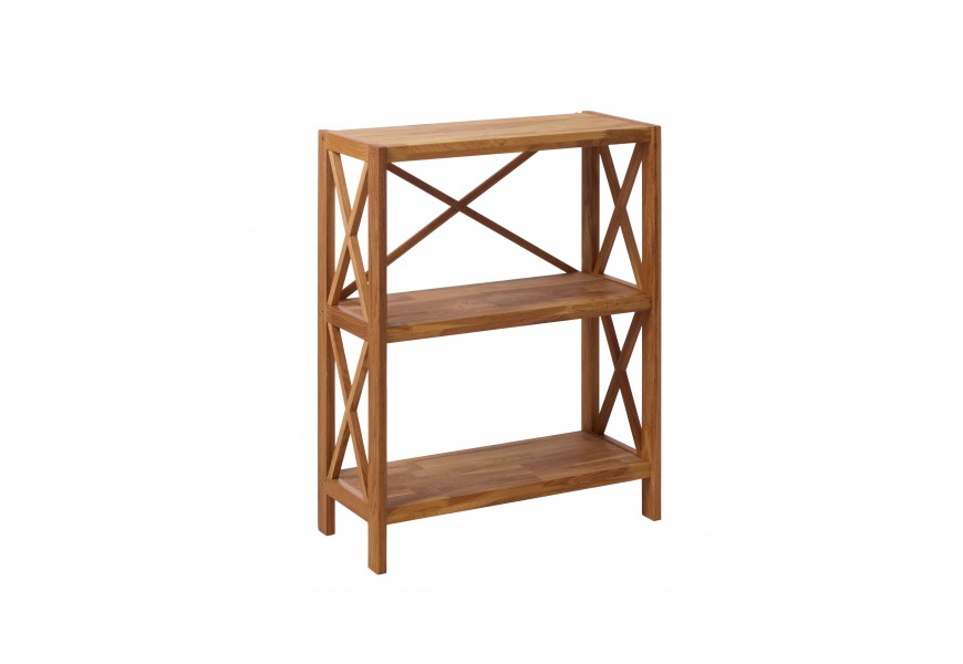 Skandinávský masivní regál Lixi s obdélníkovou vrchní deskou a dvěma policemi s otevřenou konstrukcí s výztuhami ve tvaru X na nožičkách z dubového dřeva v přírodním světlém hnědém provedení s přiznanou strukturou
