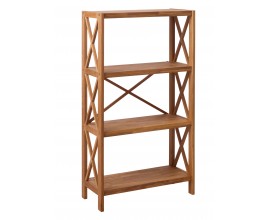 Venkovsk&yacute; dubov&yacute; hněd&yacute; reg&aacute;l Lixi z masivn&iacute;ho dřeva se třemi policemi a konstrukc&iacute; s v&yacute;ztuhami ve tvaru kř&iacute;že 124 cm